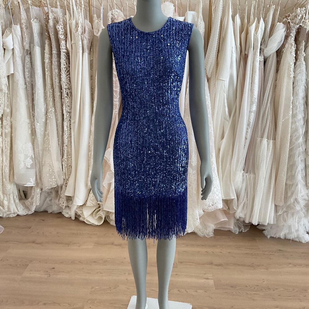 Naeem Khan Women's Blue Beaded-Fringe Sequin Mini Dress